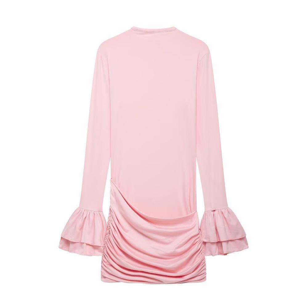 

2025 Spring Women s Round Neck Flared Sleeve Slim Pleated Solid Color High-Waisted Dress Medium