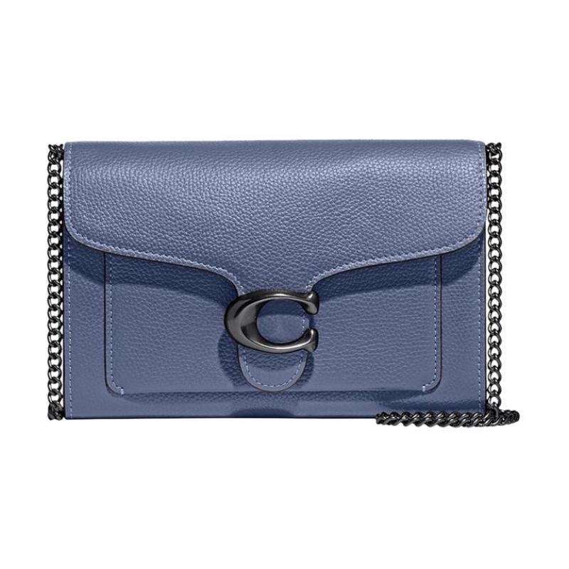 Coach Tabby 20 Solid Color Chain Polished Pebbled Leather Clutch Shoulder Crossbody Bag Small Women's Denim Blue
