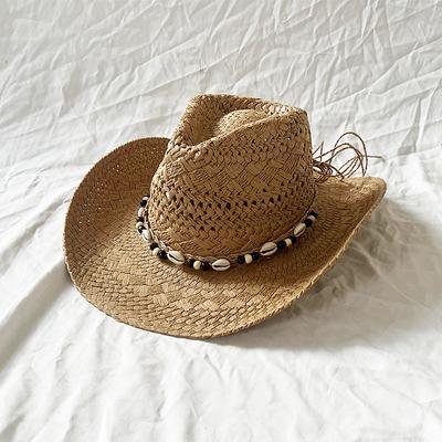 Bohemian Schelpkraal Ontwerp Strooien Strandhoed Mannen Vrouwen Brede Rand Cowgirl Hoed Stijlvolle Handgemaakte Holle Opgerolde Rand Zonbescherming Hoeden