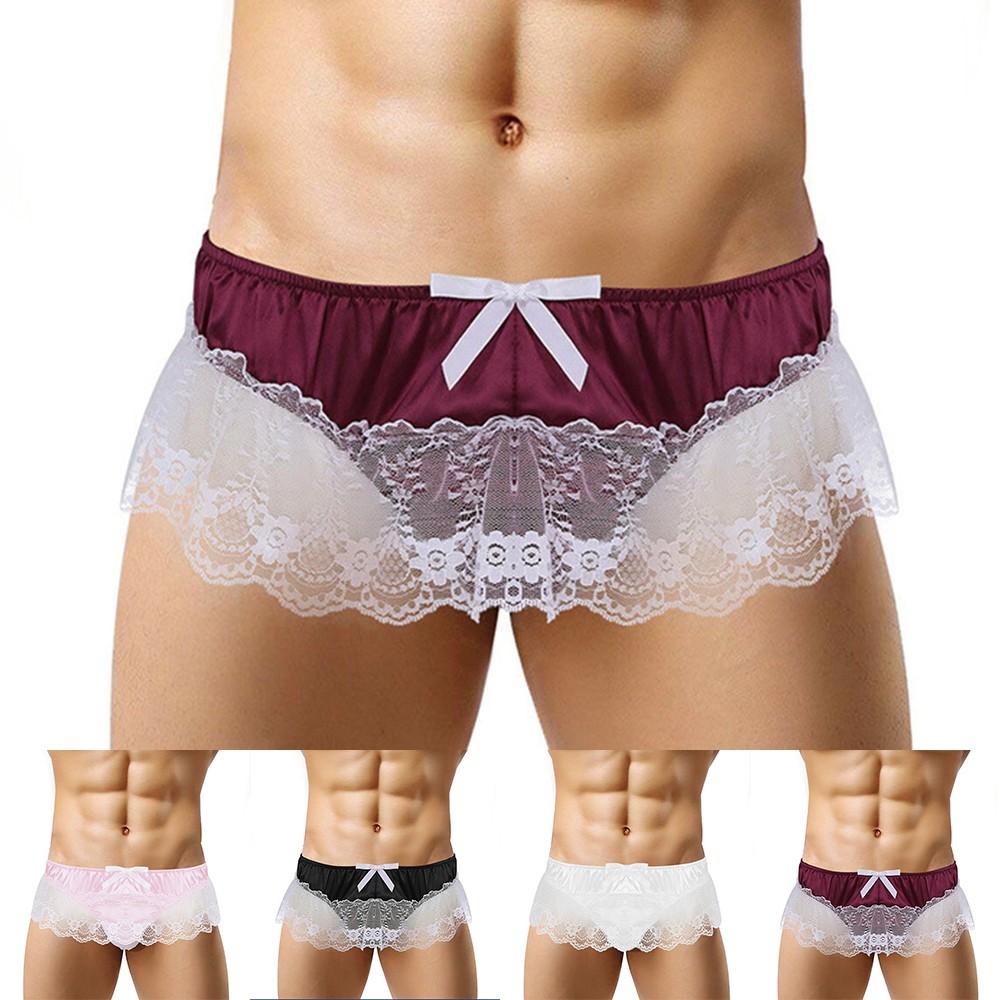 Men Sissy Lace See Through Panties Sexy Satin Thong Briefs Underwear