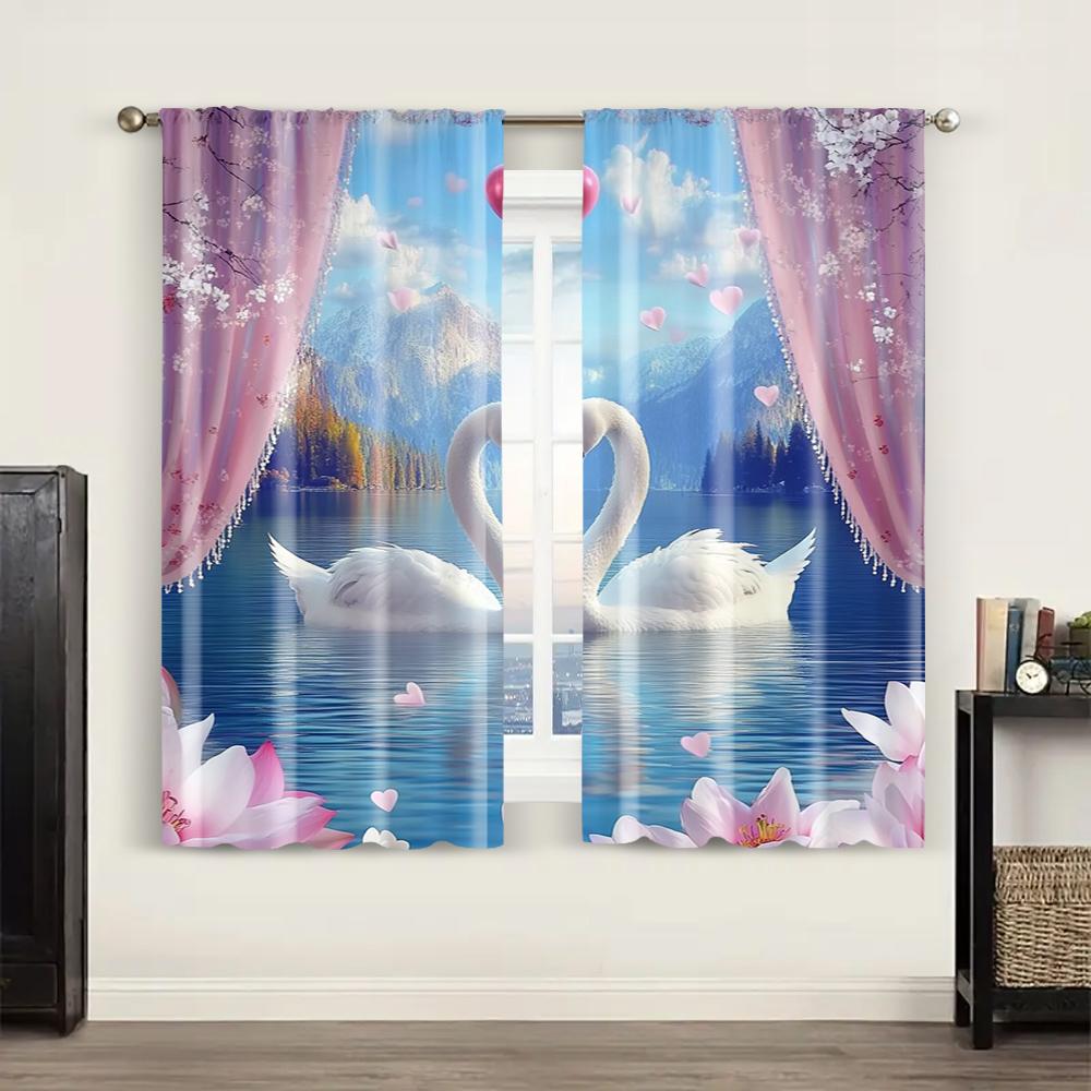 2pc,  Curtain Valentine's Day_ Swan Lake of Love Protecting Privacy Festive Wall Decor for Indoor Celebrations Decor