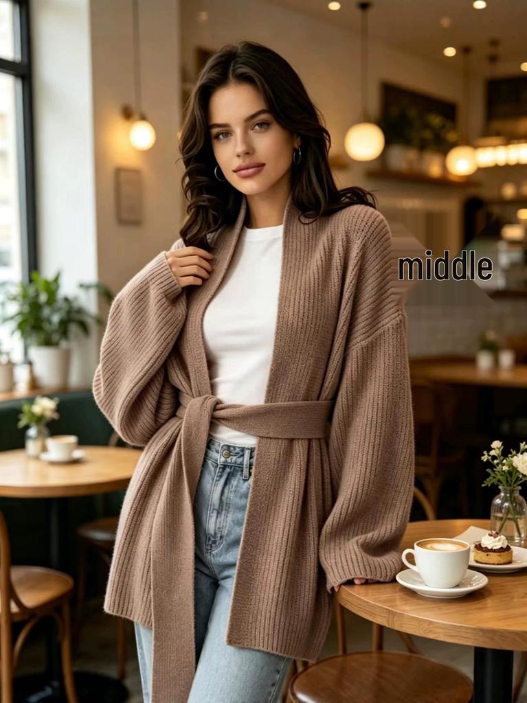 European-Style Slim Fit Women's Mid-Length Knit Cardigan with Belt - Solid Color, Autumn/Winter Sweater Coat