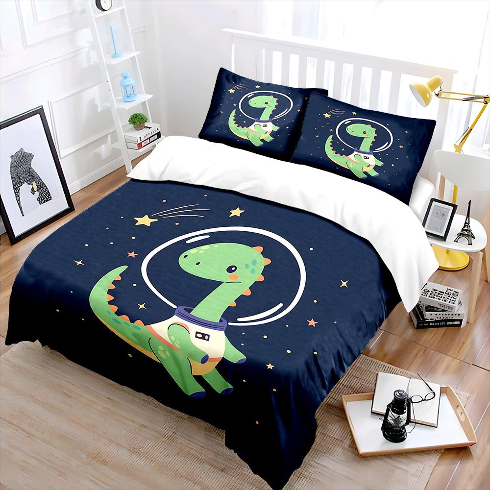 Space dinosaur with starry background Pattern Duvet Cover Set Digital Print Polyester Bedding with Zipper Closur for kids gift