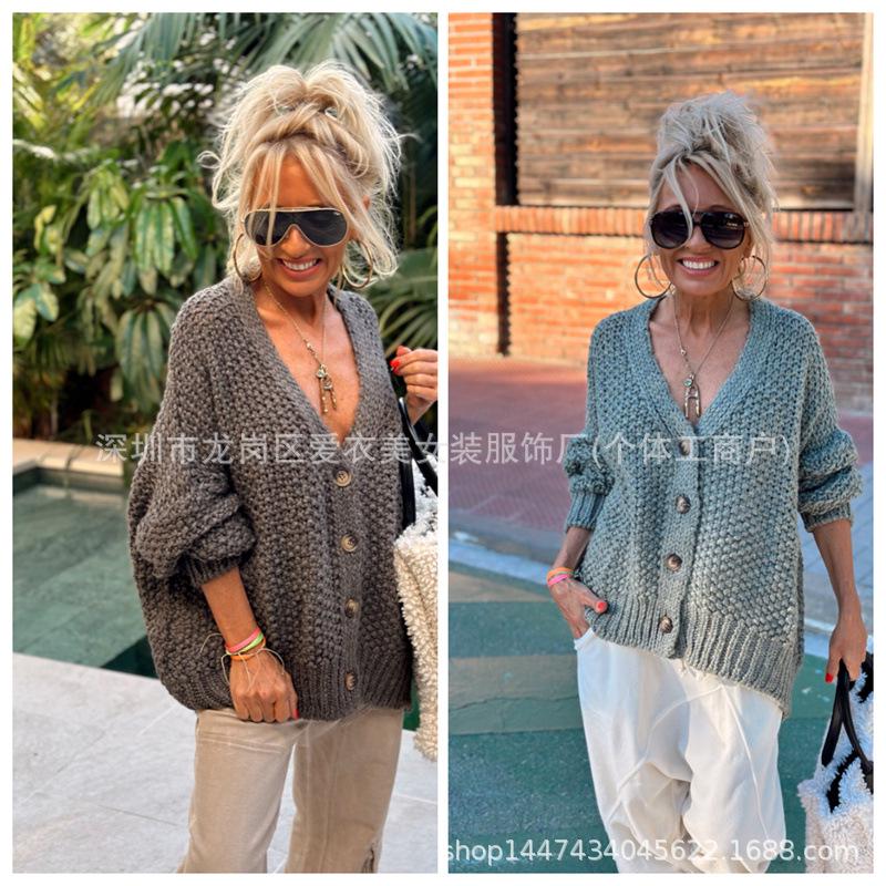 2026 Autumn V-neck Long-Sleeve Solid Cardigan Sweater for Women