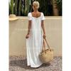 2025 summer new European and American cross-border foreign trade summer lace square collar pleated bubble sleeve long skirt seaside vacation style