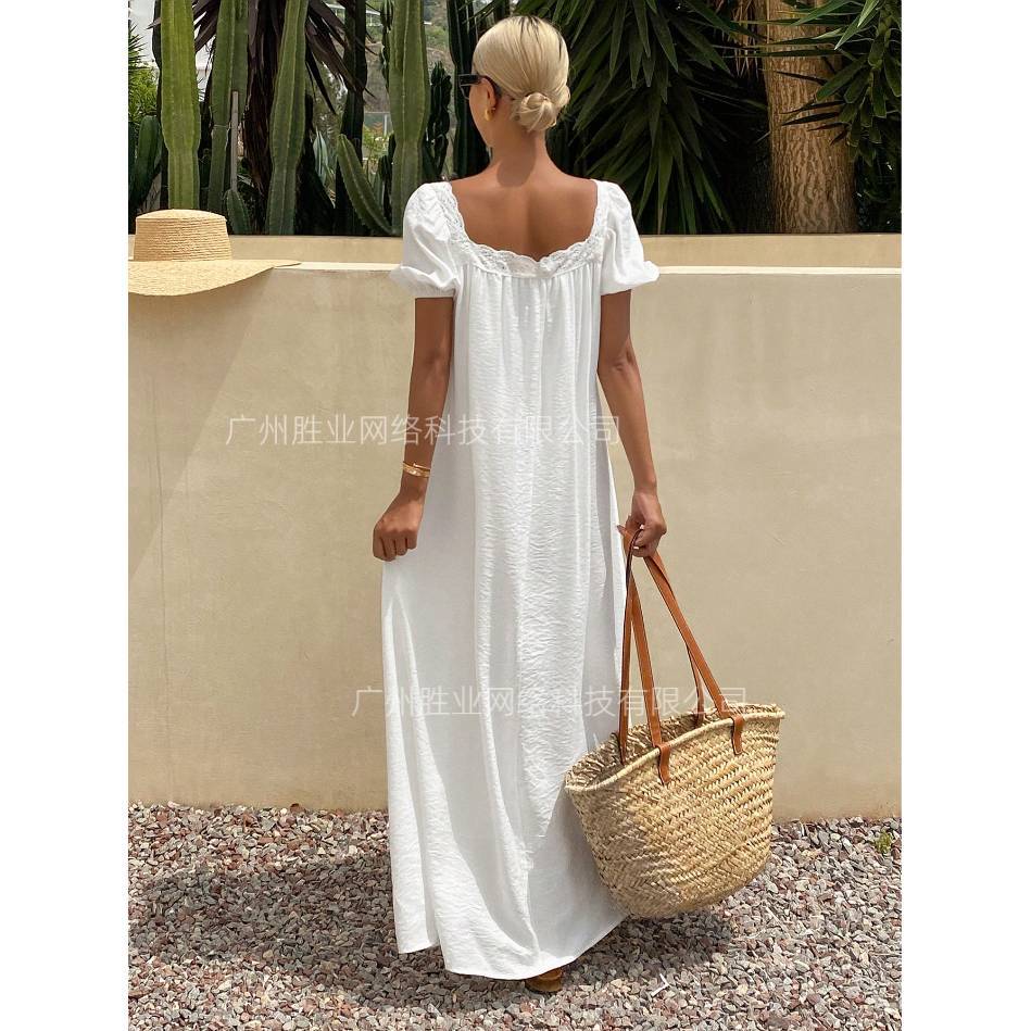 2025 summer new European and American cross-border foreign trade summer lace square collar pleated bubble sleeve long skirt seaside vacation style