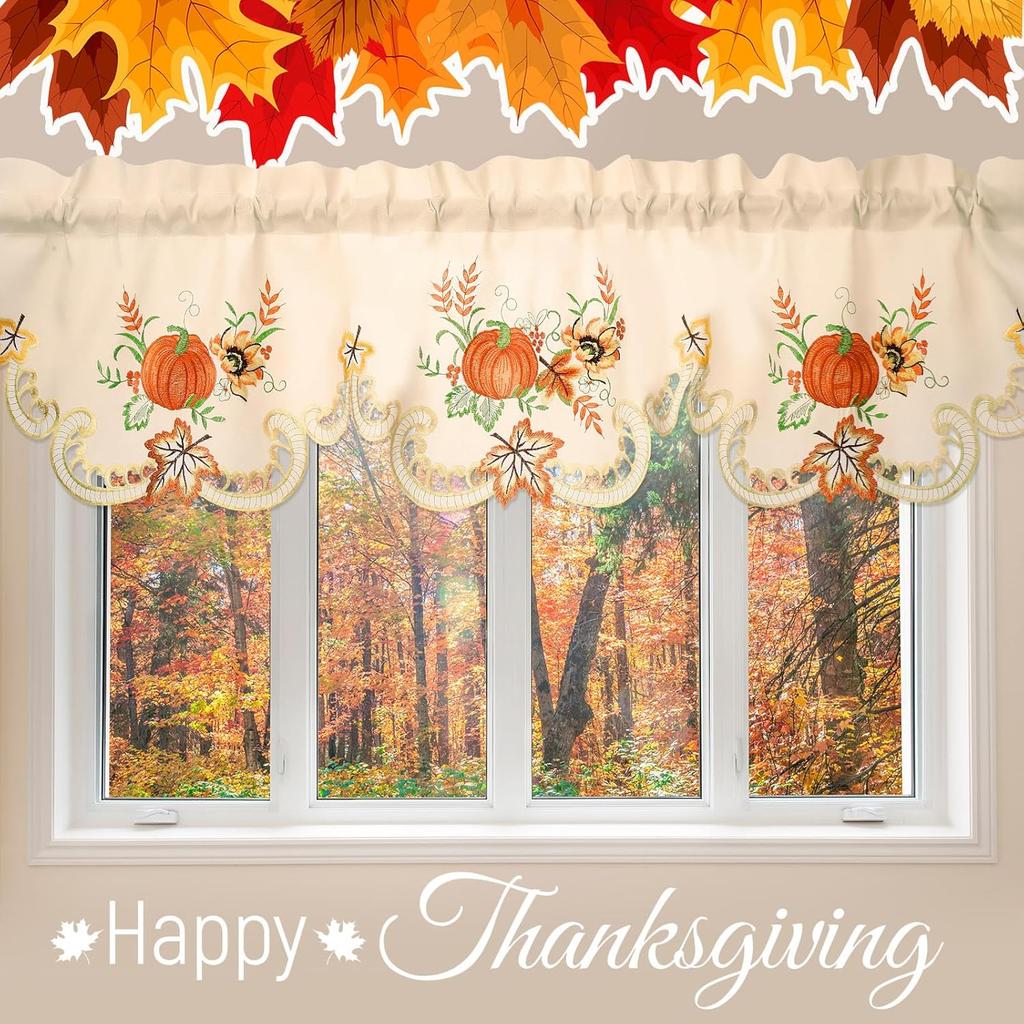 Fall Kitchen Thanksgiving Curta Valances 58 x 15 Inch Autumn Window Treatment Valance Embroidered Pumpk Maple for Living Room Bedroom Bathroom Decor