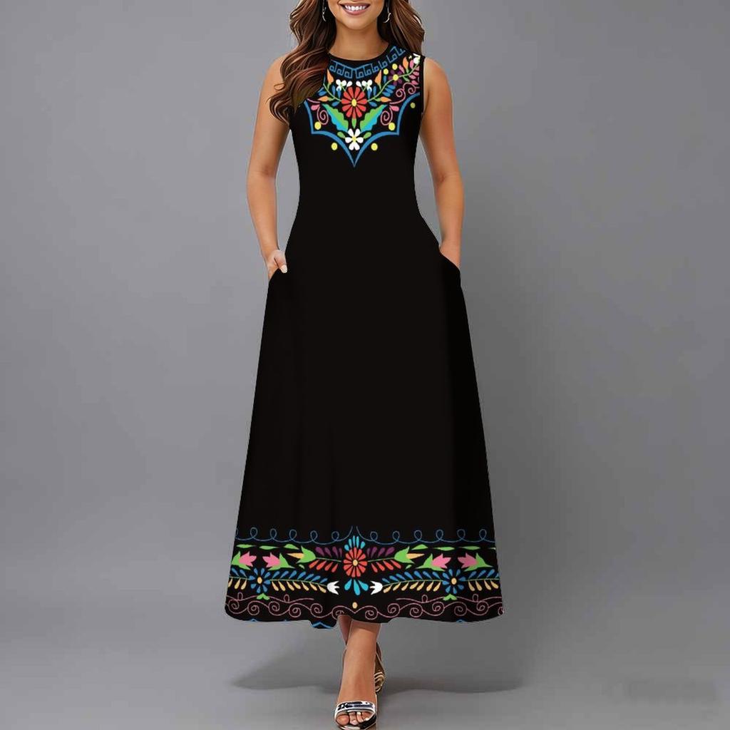 Oversized Ladies Sleeveless Round Neck Dress Soft Mixed Floral Printed Flowy Midi Gown
