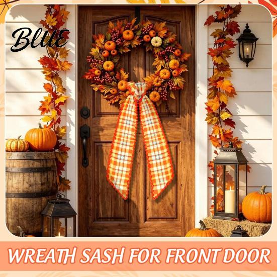 Festival Ribbon Sash Fall Scalloped Wreath for Front Door 55 Inch Plaid Gingham Autumn Thanksgiving Harvest Yard Porch Doorway Indoor Outdoor