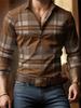 Men's plaid long-sleeved shirt, stylish and casual collared shirt, breathable and versatile top for everyday wear and commuting.