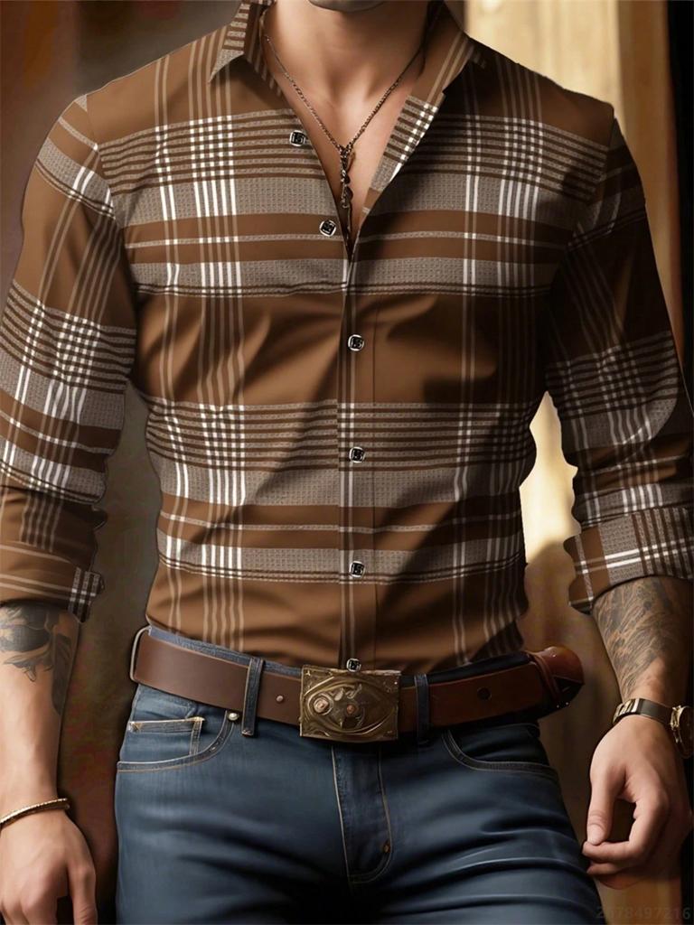 Men's plaid long-sleeved shirt, stylish and casual collared shirt, breathable and versatile top for everyday wear and commuting.