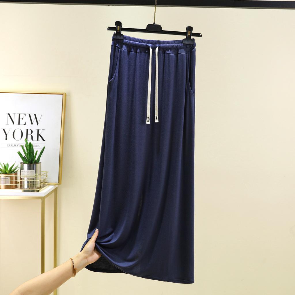 Modal A-Line Drawstring Skirt with Pockets Women Loose-fitting Long Skirts Solid Color Outwear High Waist Maxi Skirt