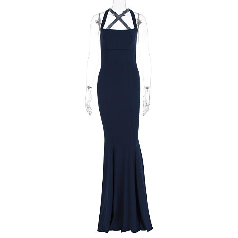 Womens Navy Blue Halter Neck Mermaid Maxi Dress Sleeveless Bodycon Evening Party Gown