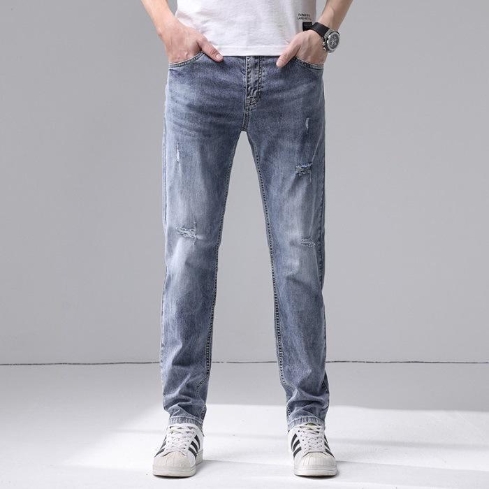 

Весна и Лето Новые Мужские Джинсы из Чистого Хлопка, Приталенные Прямые Эластичные Рваные Брюки Мужские 40 синий