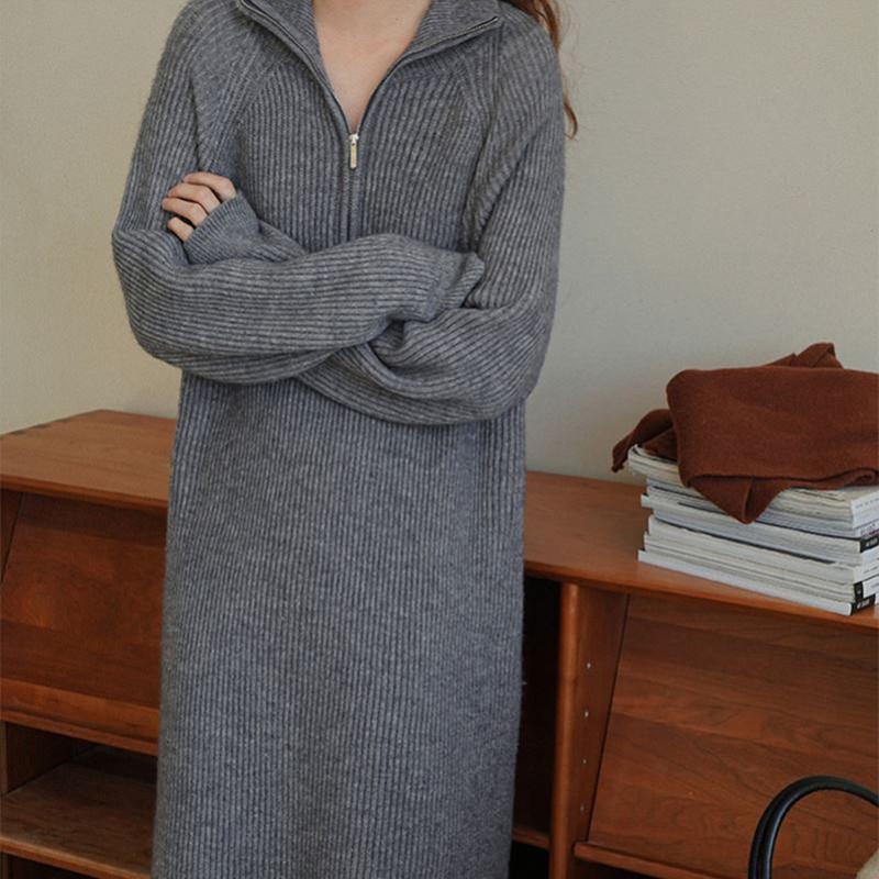 Over-knee Medium and Long Lapel Sweater Skirt Women's Autumn and Winter Loose and Lazy Inner Backing Knitted Dress Knitted Splicing