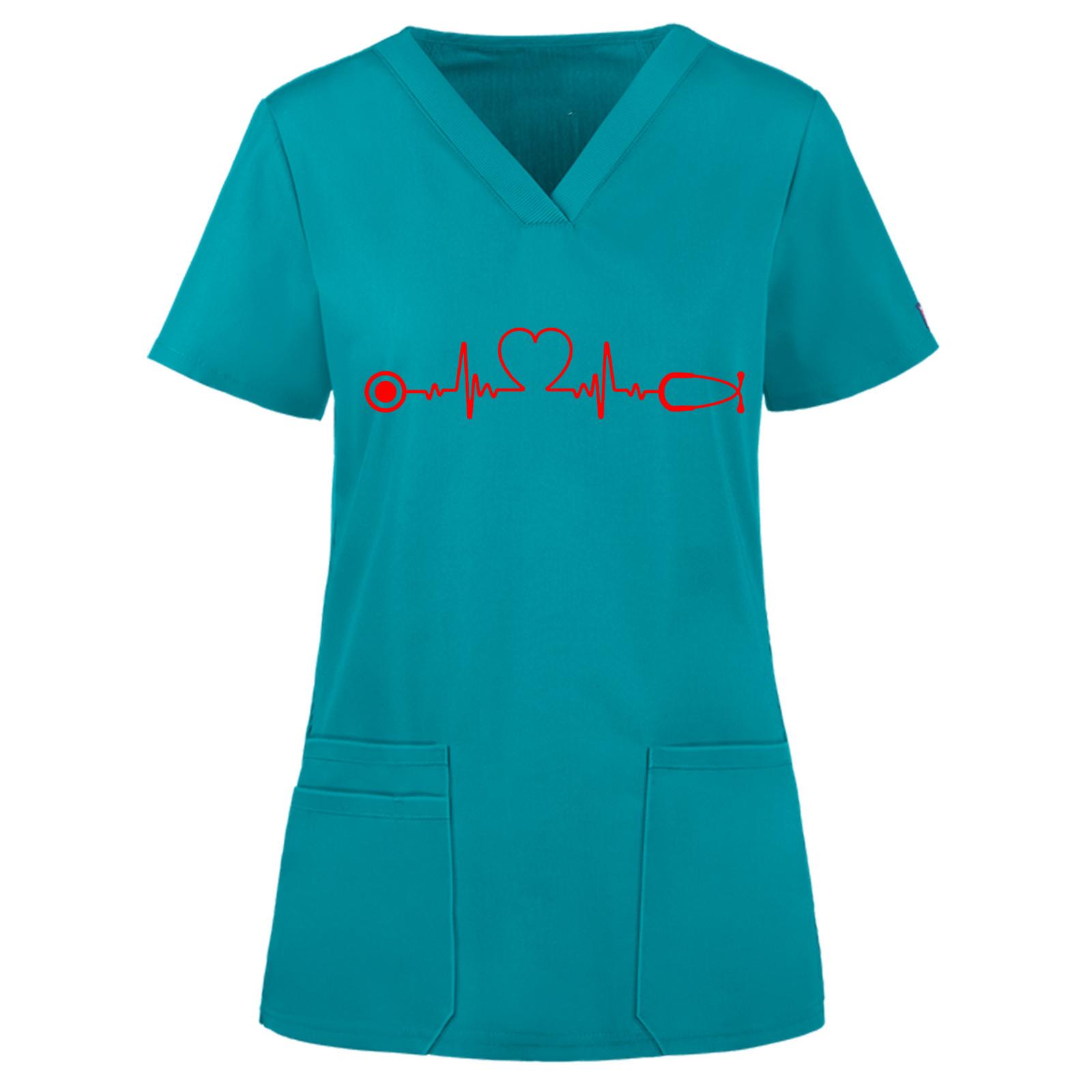 

(SU)Женские топы с короткими рукавами и v-образным вырезом, рабочая однотонная блузка с карманами