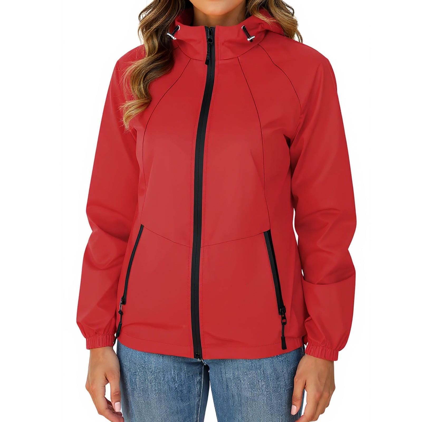 

Куртка женская водонепроницаемая ветровка легкая дождевая куртка с карманами упаковываемая дождевик для женщин с капюшоном S красный