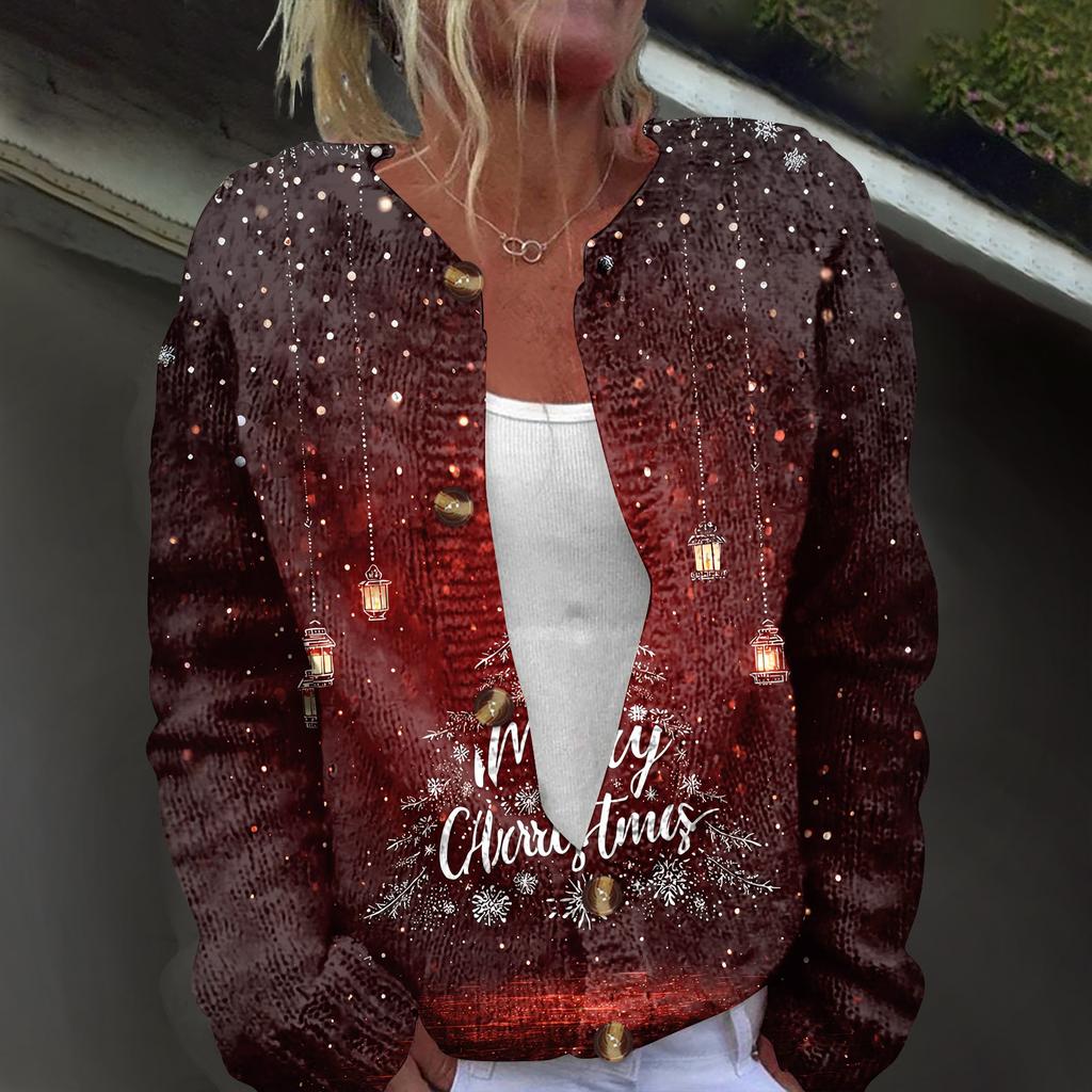 Women's Fashion Christmas Printed Long Sleeve Knitted Cardigan Button Down Jacket
