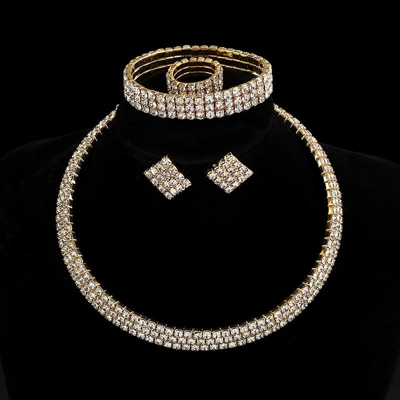 New Fashion Necklace Earrings Ring Bracelet Four-piece Set, Full Diamond Three-Row Collar Bridal Suit Women