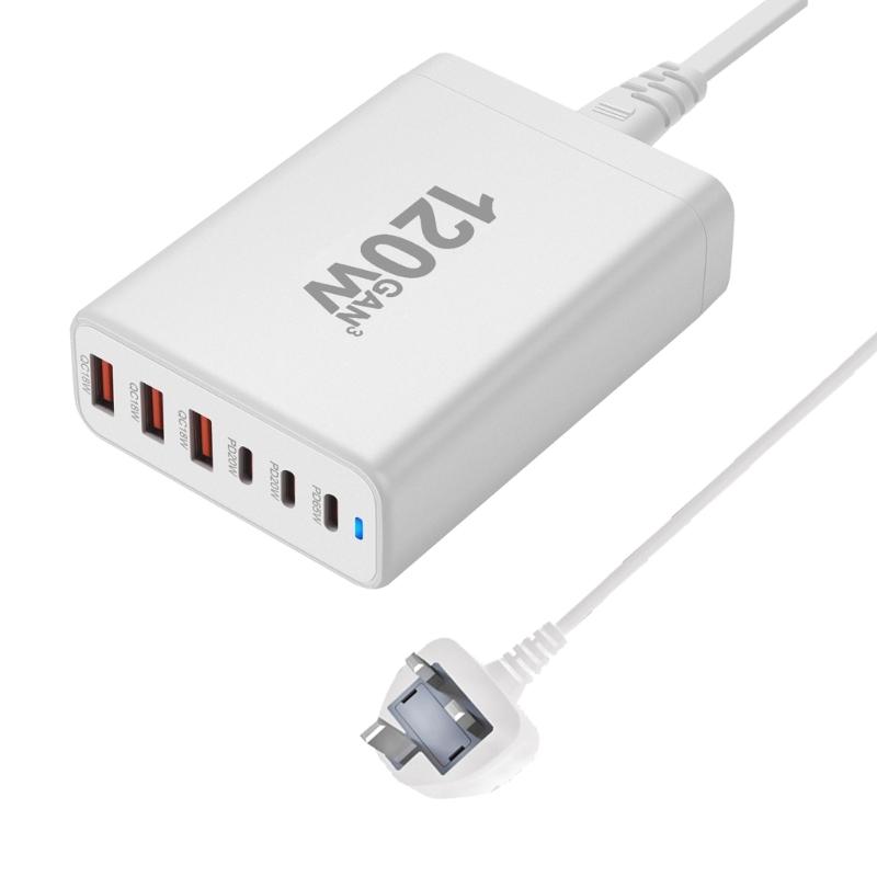 Portable 120W USB Charging Station with 6 Port, 3 Type C PD and 3 USB A for Phones Tablets Simultaneous Device Charging