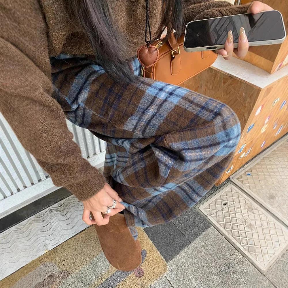 Women'sPlaid Thickened Casual Pants Straight Leg Wide Leg Floor Length Trousers Autumn Winter Long Pants