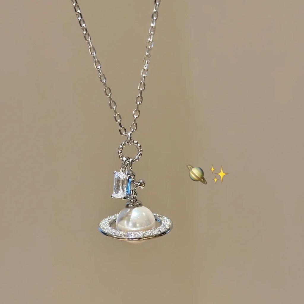 Vivian After Western University Three-Dimensional Saturn Pearl Necklace Light Luxury High Sense Flying Saucer Diamond Pearl Planet Pendant Female