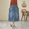 Fustă de bumbac denim stil retro chinezesc Fustă de lungime medie brodată stil etnic pentru femei
