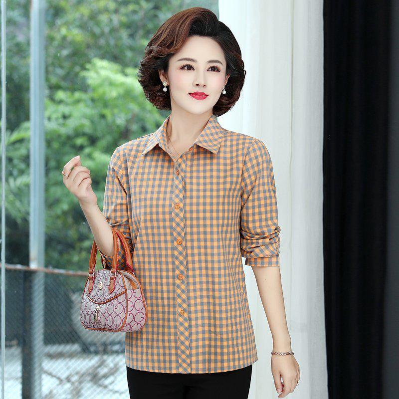 

2026 Spring/Autumn Plaid Cotton Long-Sleeve Cardigan Shirt for Middle-Aged Women 3XL for 115-130 lbs