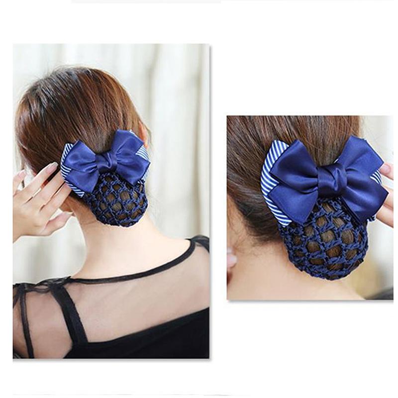 Nurse Stewardess Hair Accessories Bowknot Stripe Net Bun Hair Cover Women Barrette Net Bun Crochet Net Bun Snood