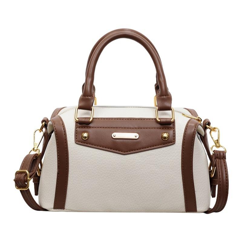 Contrast Splicing Mini Boston Bag For Women Retro Style Handbag With Metal Plate For Daily Work School Shopping Travel
