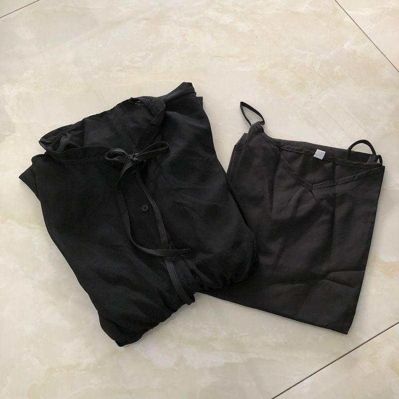 

Two-piece Set Chiffon Dress Amoi Foreign Trade Women Wooden Ear Lace-up Pleated Pullover Skirt + Suspender Skirt 31990 Black B- 8-30-2 M