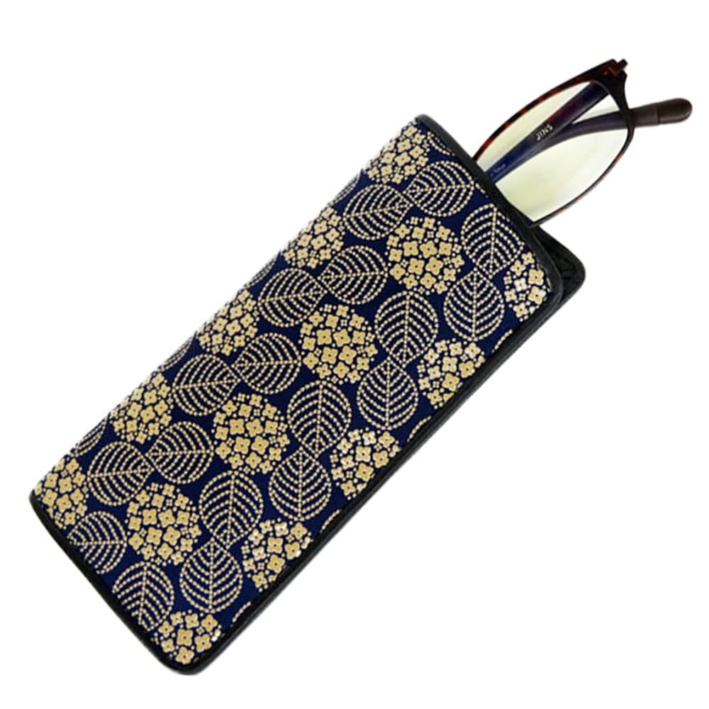 Inden Glasses Sack 4203 Navy deerskin x white lacquer Hydrangea pattern Soft type 16cm x x [Indenya] 7.3cm 1.8cm