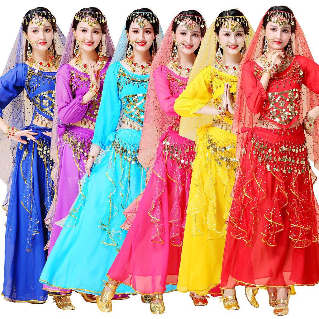 Women's Long Sleeve Indian Belly Dance Performance Costume with Short Sleeve Long Skirt