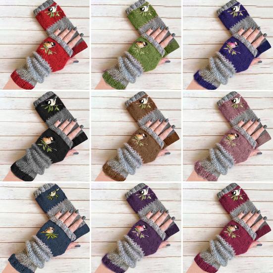 1 Pair Fall Winter Gloves Fingerless Knitted Bird Embroidery High Elasticity Non-slip Arm Warmers Colorblock Arm Sleeves Keep Warm Wrist Covers