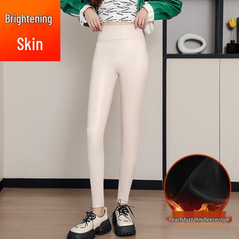 Women's High-Waist Lambswool Fleece-Lined Leather Pants: Slimming, Windproof, Warm Leggings