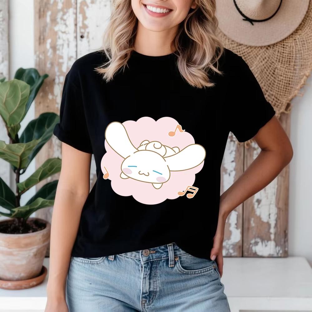 2026 Summer Cinnamoroll Happy Groove Print Casual Cotton T Shirt for Women Soft Comfortable Summer Top S