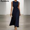 New Women's Sleeveless Round Neck Ruched Dress Elegant Simple Spring Summer Style