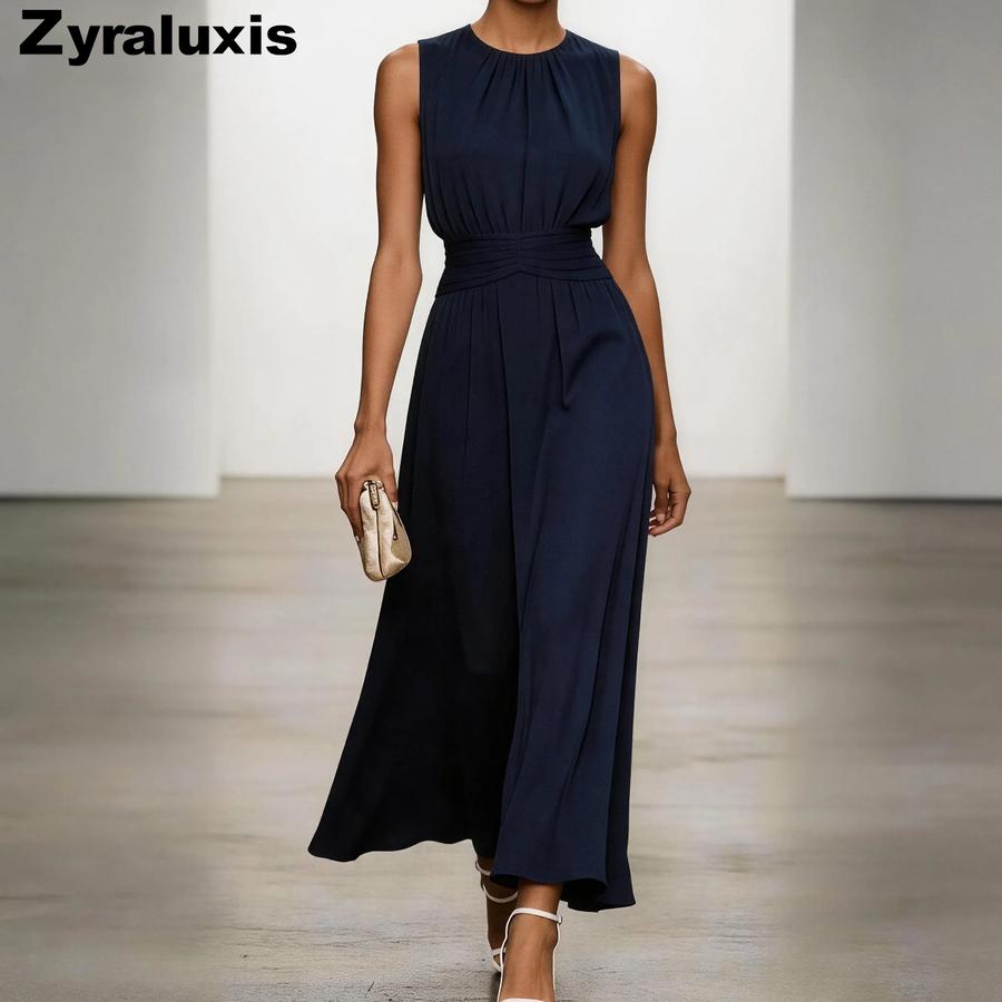 New Women's Sleeveless Round Neck Ruched Dress Elegant Simple Spring Summer Style