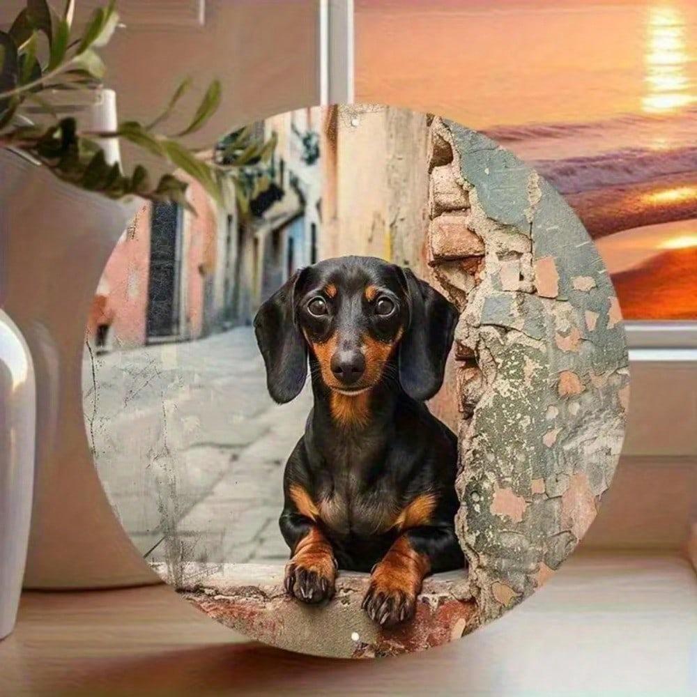 Tikita Dachshund Metal Wall Art 8x8 Inch Round Rustic Dog Sign UV Resistant Home Decor