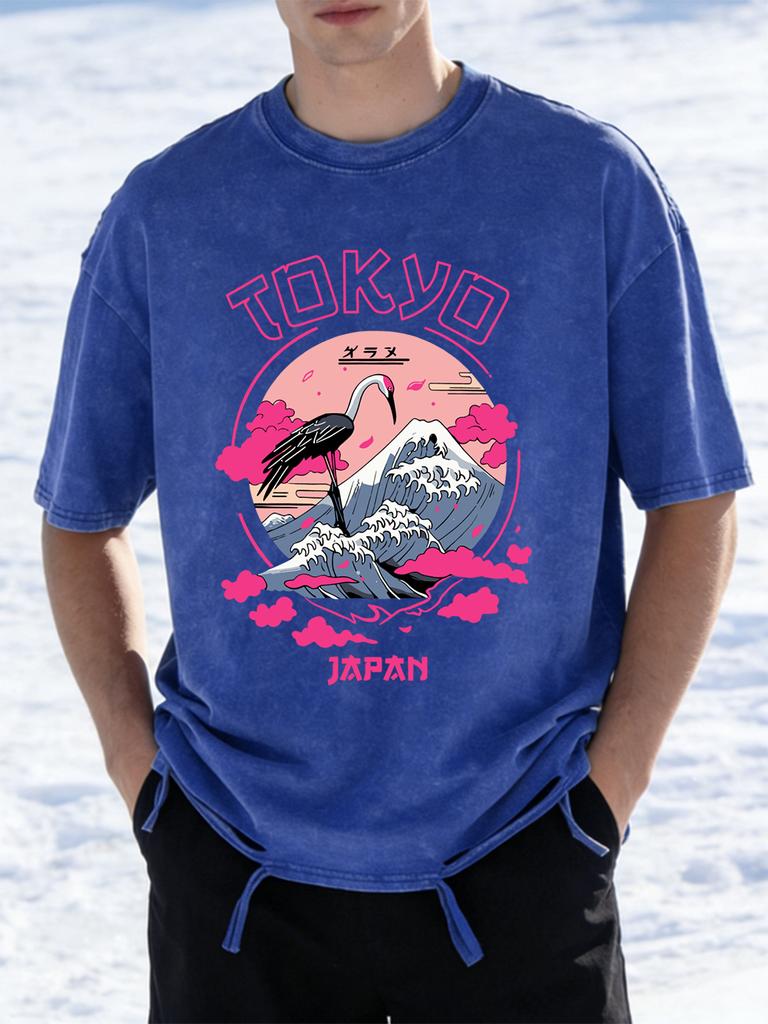 Tokyo Japan Crane Waves Prints Washed TShirts Womens Cotton Oversize T Shirt Summer ONeck Short Sleeve Tops Casual Clothes
