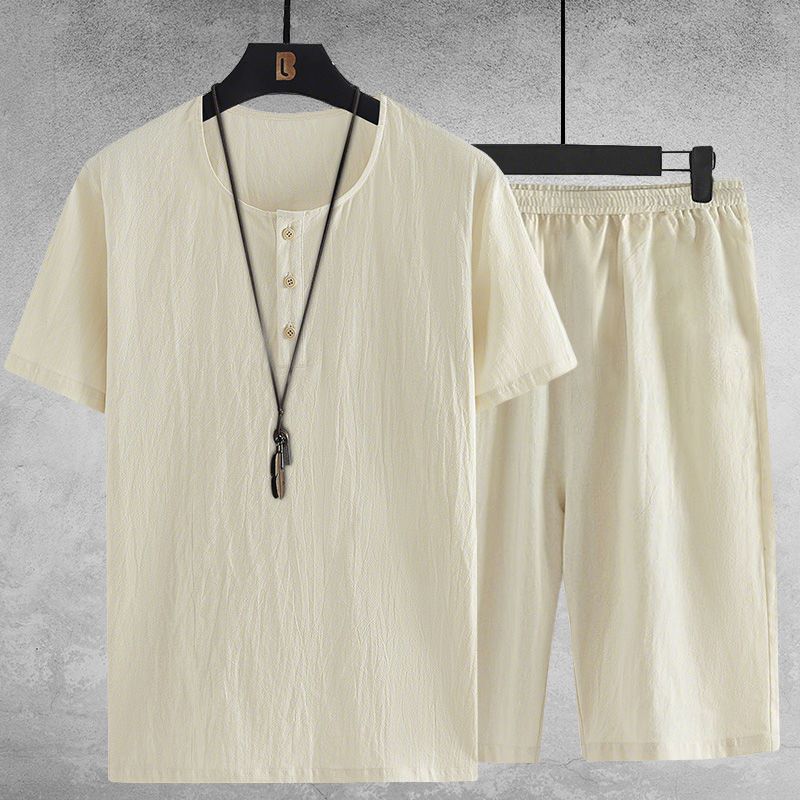 Casual Sports Two-Piece Suit In Linen with Button Detail and Elastic Waistband
