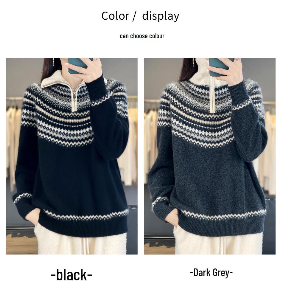 Women's Retro Jacquard Cashmere Sweater Coat with Fair Isle Collar, 2025 Autumn/Winter Zipper Design