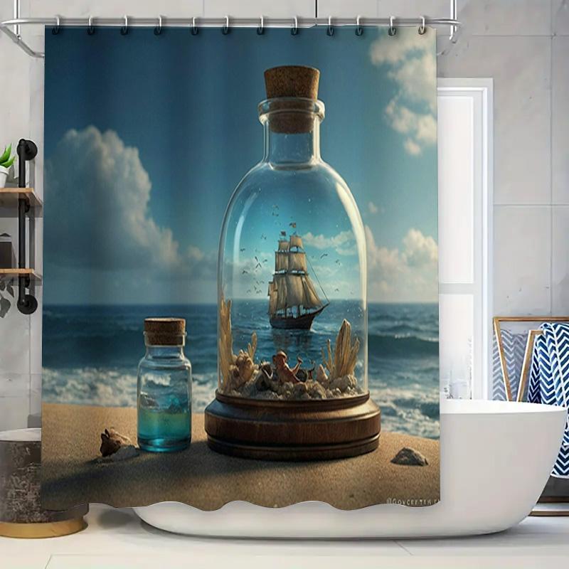 

3D Printed Bathing Curtain with Vintage Ship Design for Bathroom Decoration Waterproof Decorative Shower Curtains in Blue/Green 90x180cm