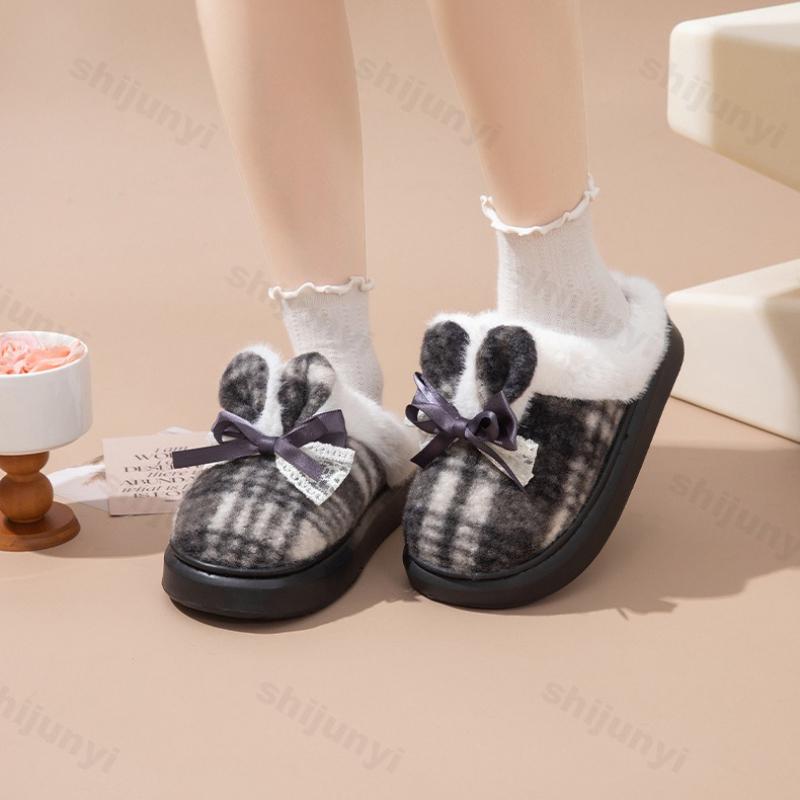 Fashion Women's Platform Cotton Slippers 2025 Autumn Winter New Fashion Bow Knot Lace Warm Home Shoes Non Slip Plush Thicken Slippers