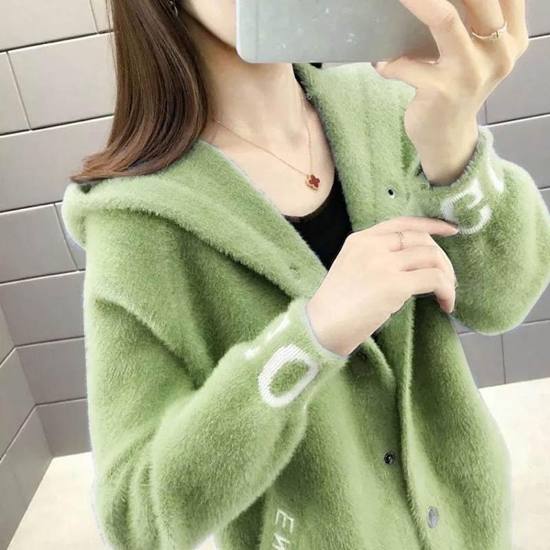 Imitated Mink Velvet Jacket Women's Spring and Autumn Clothes All-match Thin Short Hooded Knitted Cardigan