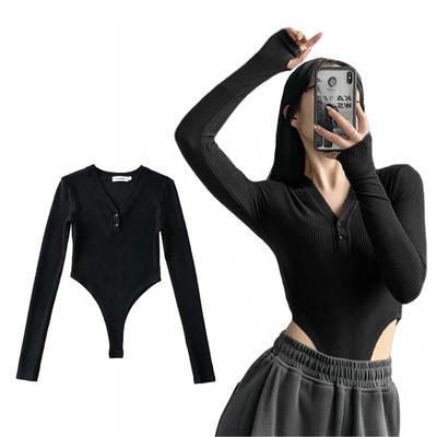 Ribbed Knit Leotard Body [WinsGreat] Women's Long-Sleeve V-Neck Bodysuit, Top, Jumpsuit, Shaper, Innerwear, Sexy, Cute, Slimming, Breathable,