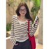 Korean-Style Color-Block Striped Long-Sleeve T-Shirt for Women, Early Spring, Faux Two-Piece Slim-Fit Knit Top, Casual Slimming Short Top
