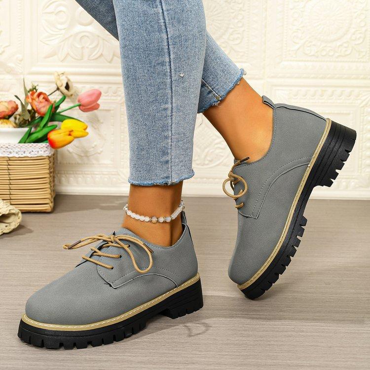 Women Plus Size Lace Up Mid Heel Loafers Round Toe British Style New Autumn Leather Shoes