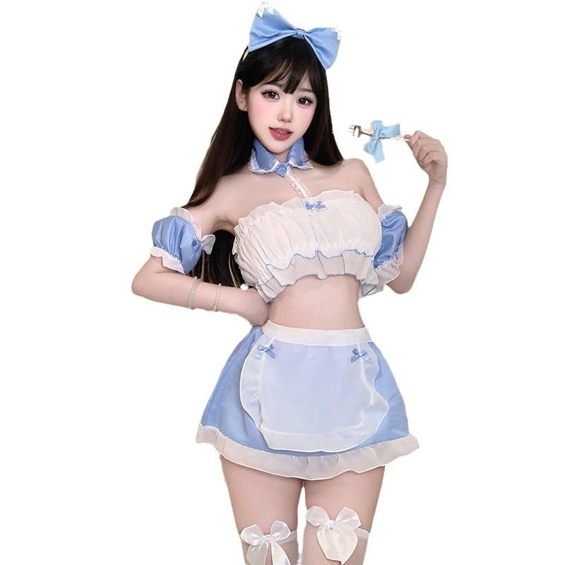 Sexy Bow Blue and White Maid Tube Top Showing Big Buttocks Cute Maid Uniform Pure Desire Suit