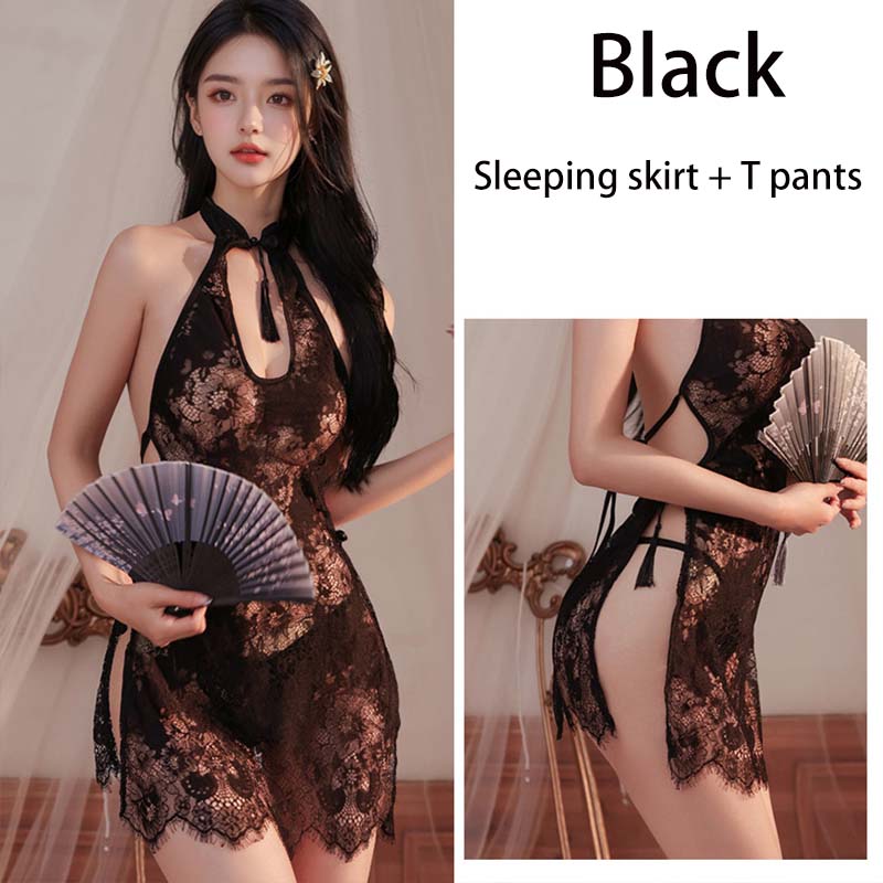 Sexy Lace Invitation Qipao Underwear Set Large Size Strap See-through Passion Sleepwear Uniform Attraction Excitement Innerwear